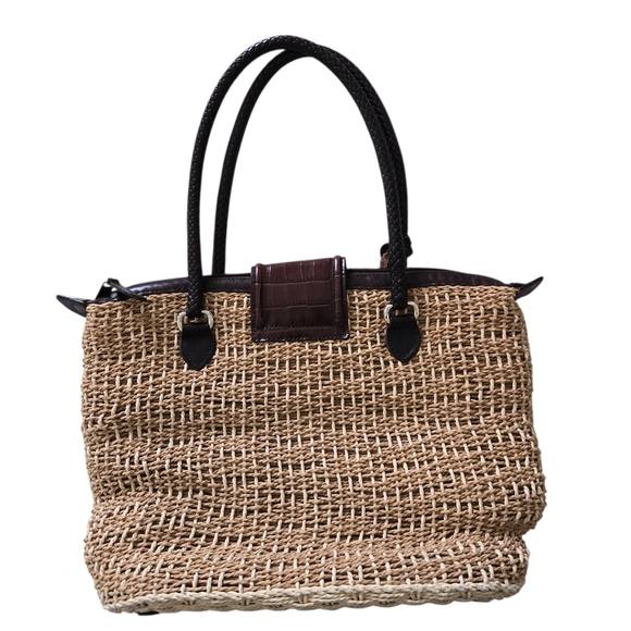 Brighton Straw Handbag Shoulder Bag Brown Leather Silvertone - Picture 5 of 11